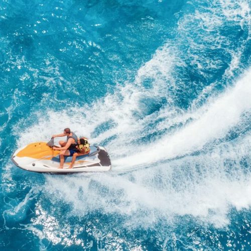 Aerial-view-of-floating-water-scooter-Zanzibar