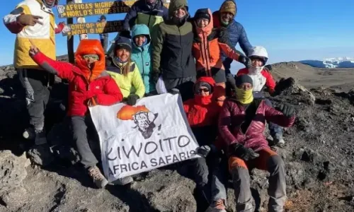Hikers celebrate at Uhuru Peak on Mount Kilimanjaro.