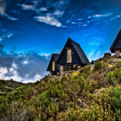 Huts in Marangu Route on the way to Uhuru peak in Kilimanjaro Mountain